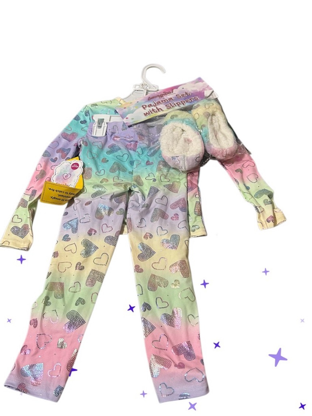 Kids Rainbow Heart Pajama Set with Slippers - Pastel Sparkle